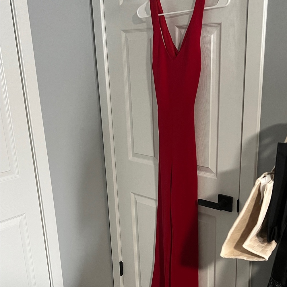 Red V-Neck Jumpsuit with Slim Silhouette